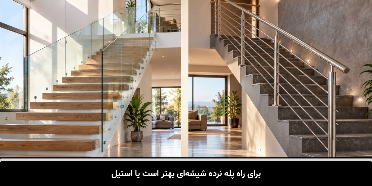 برای راه پله نرده شیشه‌ای بهتر است یا استیل